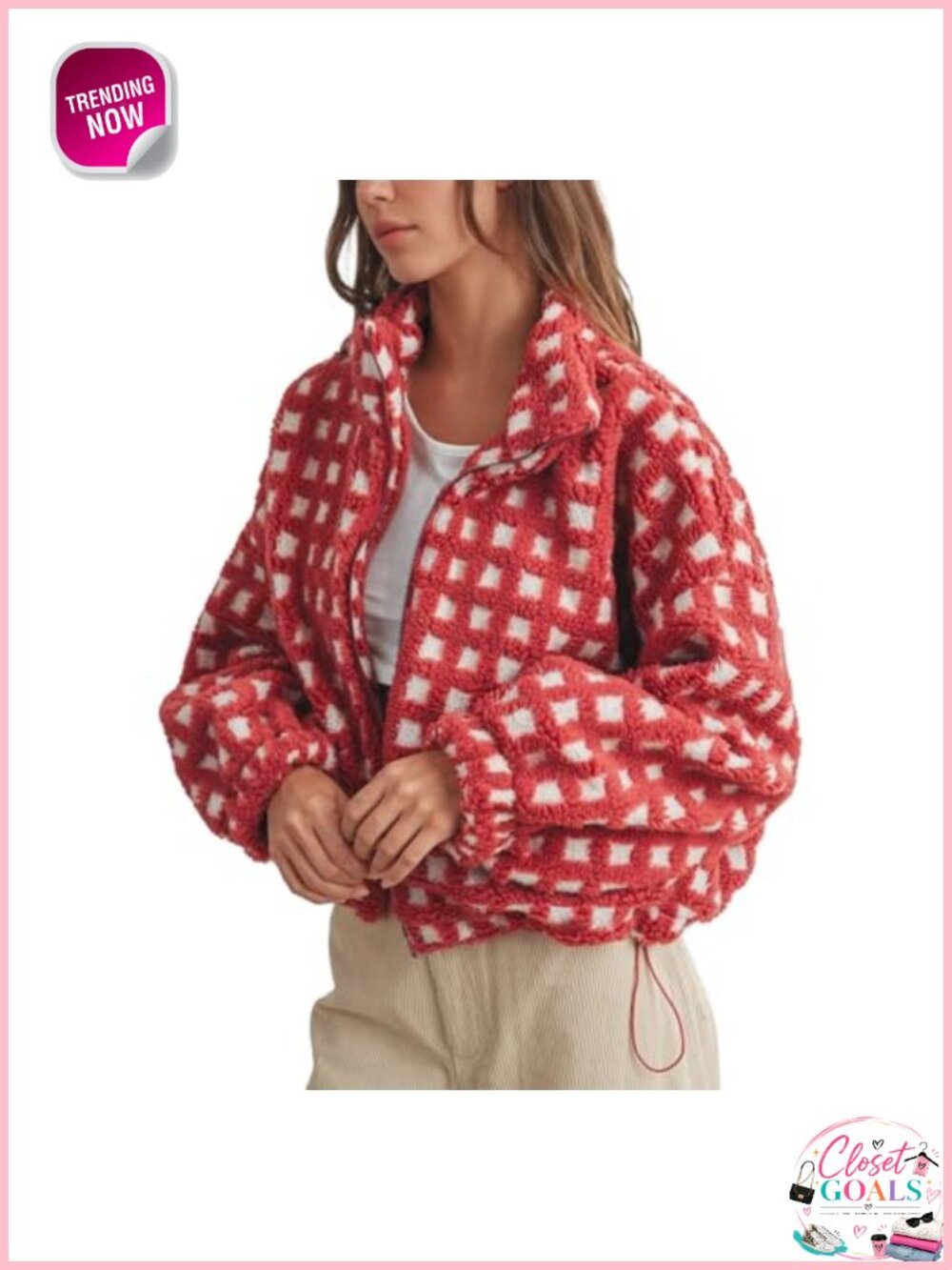 Women's Cropped Sherpa Fleece Jacket Gingham Plaid Zip Up with Pockets